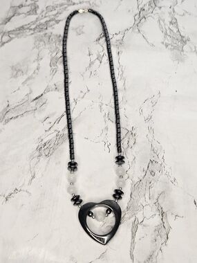 Hematite Heart Pendant Necklace White Cat Eyes Beaded Gemstone Barrel Clasp
